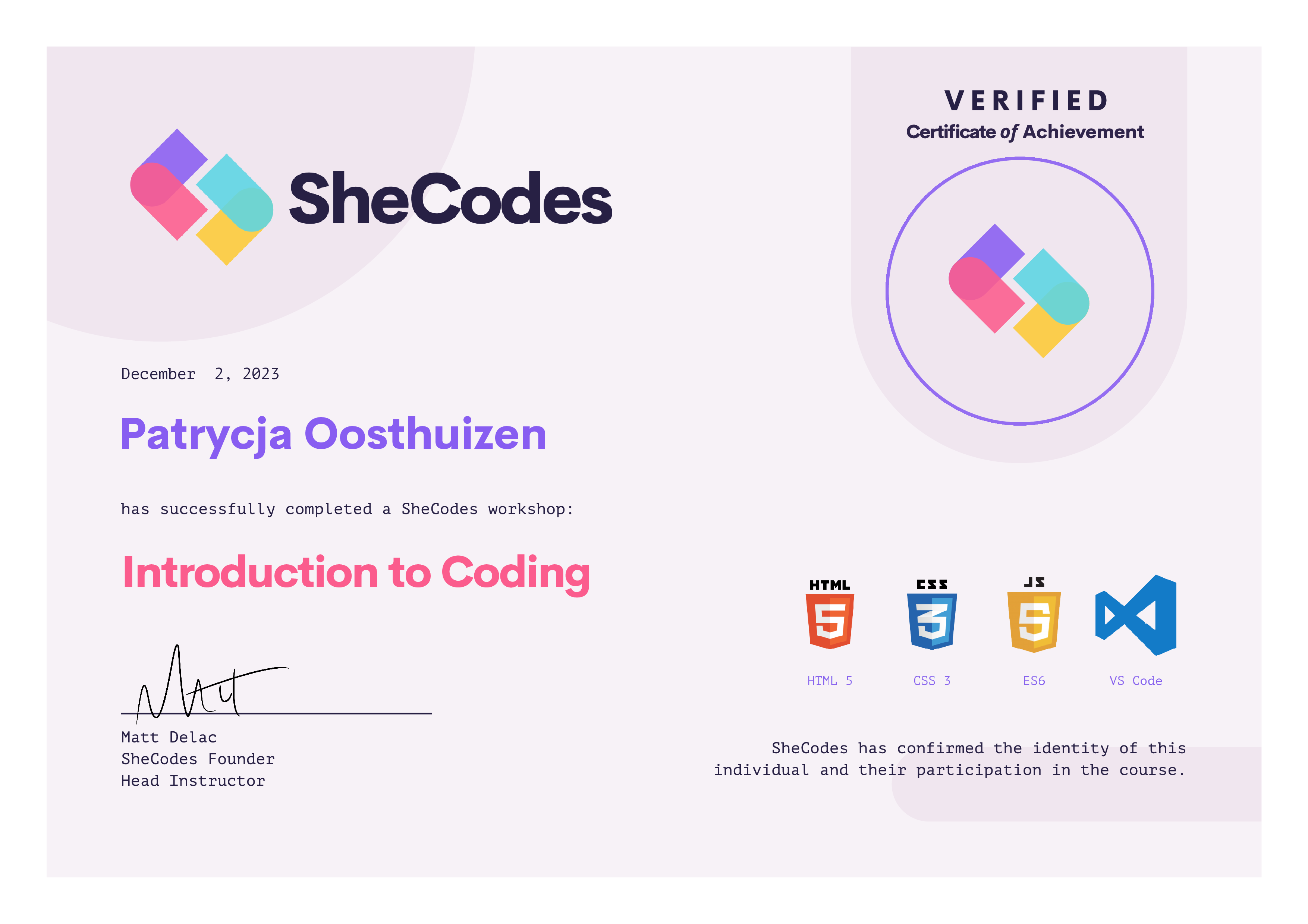 Patrycja's introduction to coding certificate Patrycja's introduction to coding certificate